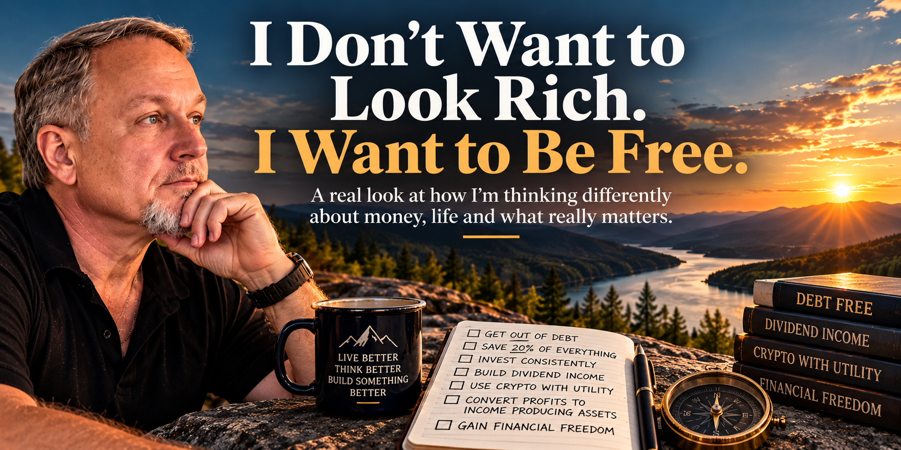 Allen Bauer looking out over a mountain lake at sunset beside a notebook checklist: get out of debt, save 20%, invest consistently, build dividend income