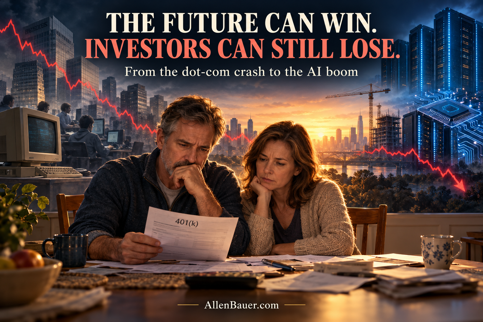 Couple reviewing retirement savings against a backdrop connecting the dot-com crash with a hypothetical AI stock selloff.