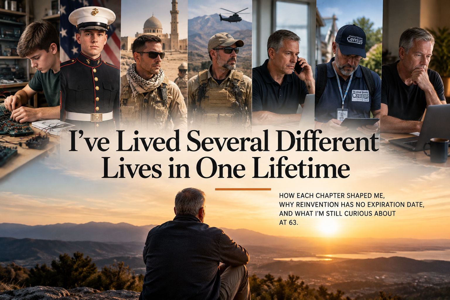 Artwork showing chapters of Allen's life, from electronics and the Marine Corps to overseas work, the Census and writing today