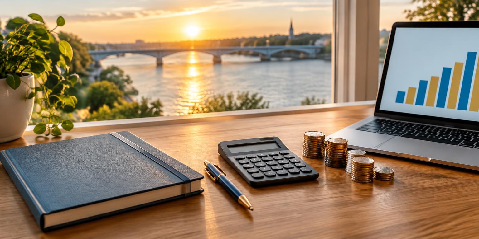A notebook, calculator and coins for financial planning overlooking a river