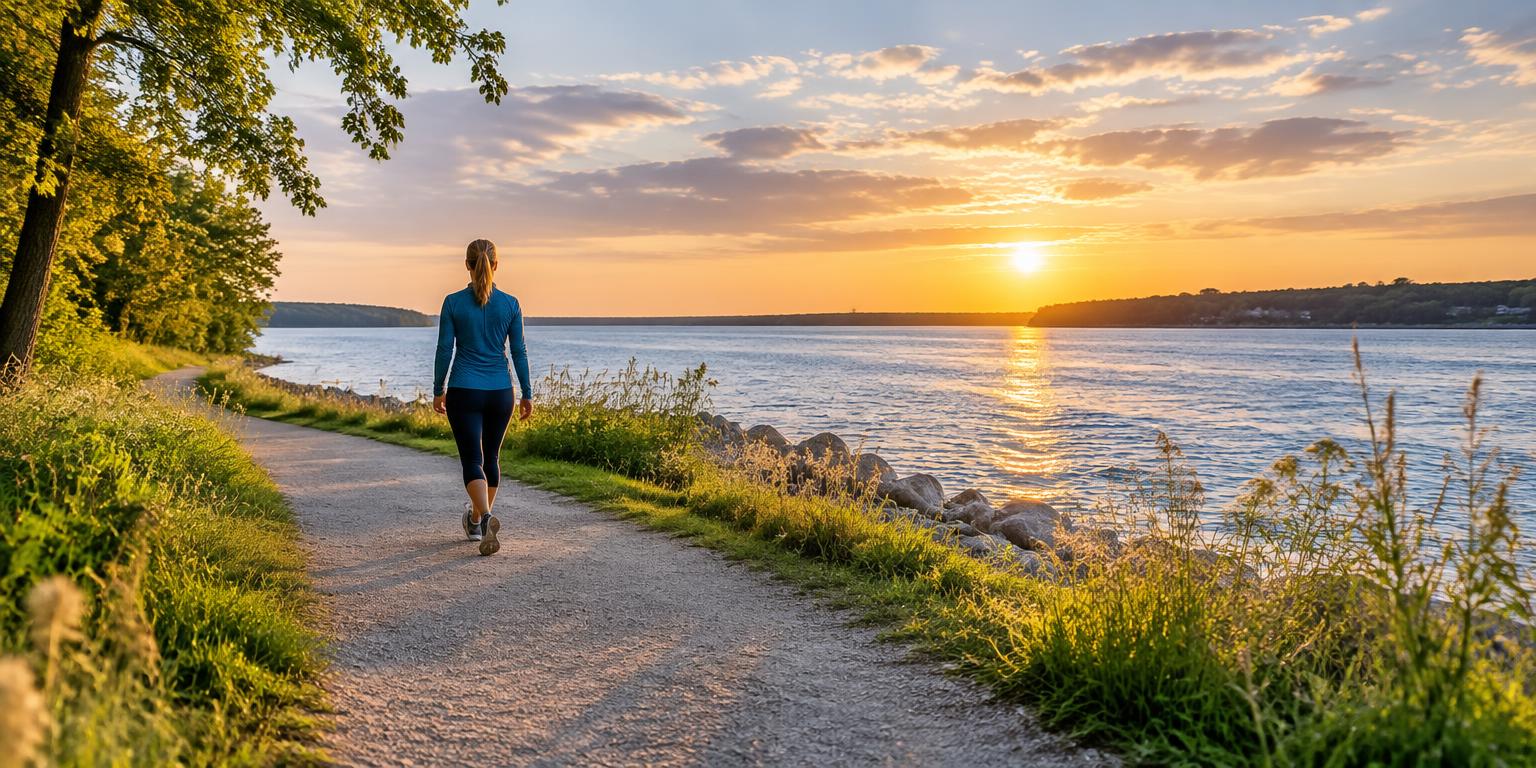 A morning walk beside a river in warm golden light