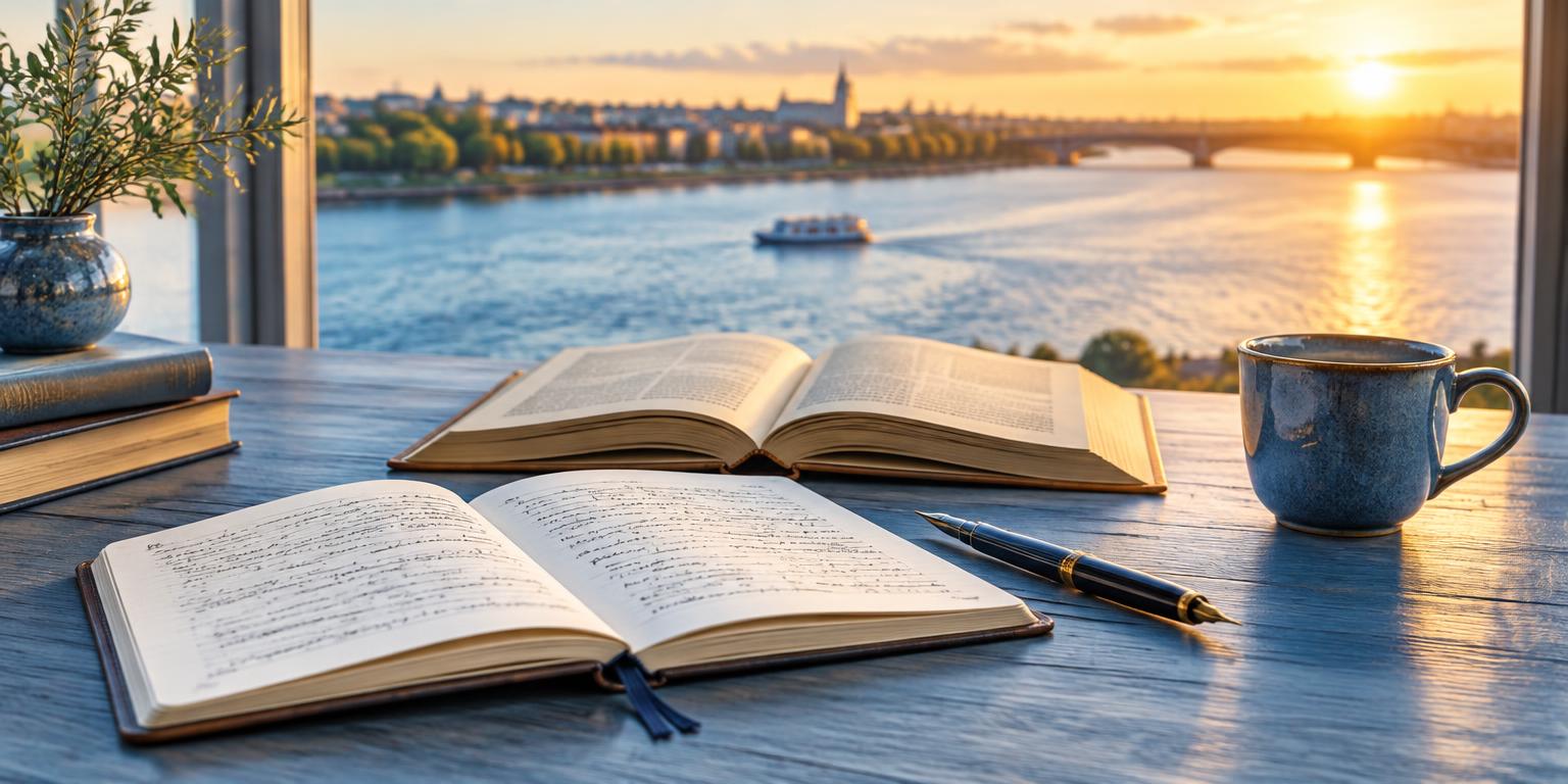 Books and a journal beside a river-view window at golden hour