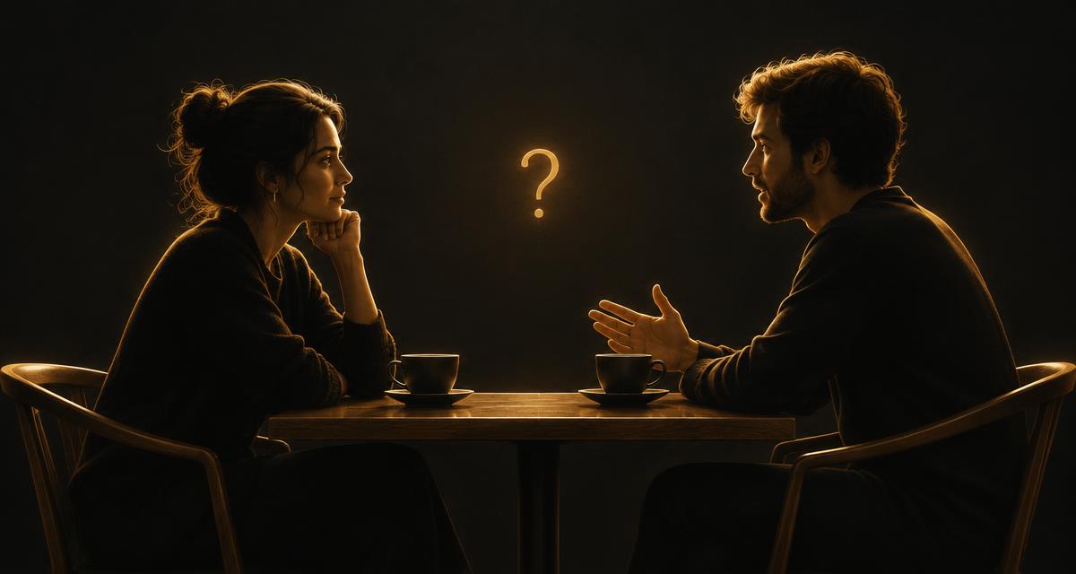 Two people having an honest conversation over coffee, a warm gold question mark glowing between them
